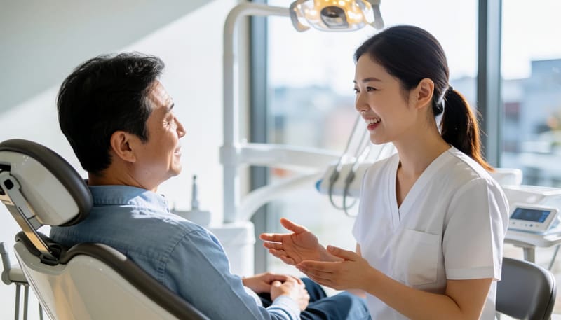 밝은 치과 진료실에서 환자와 대화하는 치과의사