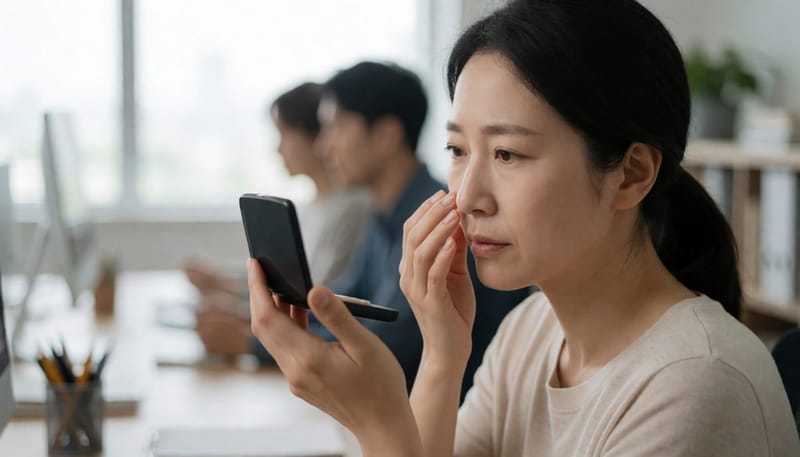거울로 자신의 빨개진 코와 볼을 확인하는 여성