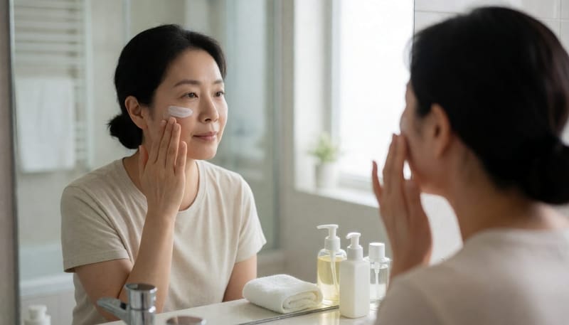 진정 크림을 바르며 피부를 관리하는 여성의 모습