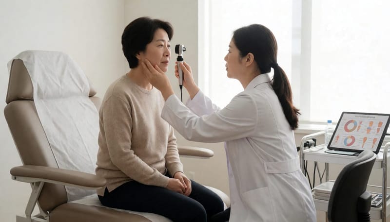 피부과에서 의사가 환자의 얼굴을 진찰하는 장면