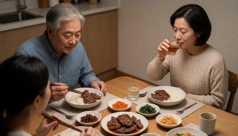 기름진 음식과 술이 놓인 저녁 식탁에서 식사하는 가족