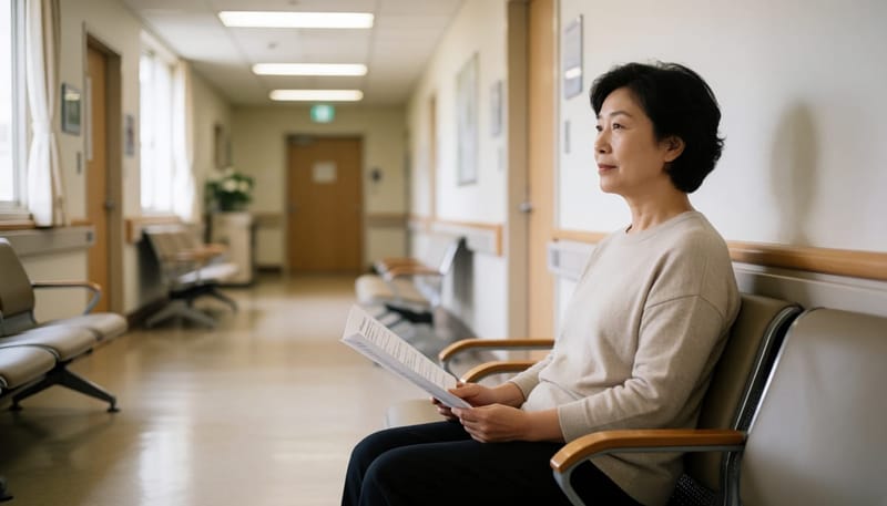 병원 대기실 의자에 앉아 결과지를 들고 기다리는 중년 여성