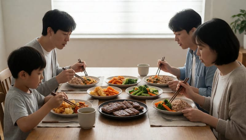 한 식탁에서 기름진 음식과 채소 위주 음식을 함께 즐기는 가족의 모습