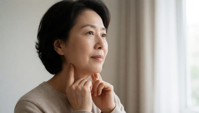 거실에서 무심코 목 옆을 짚어보는 중년 여성의 옆모습