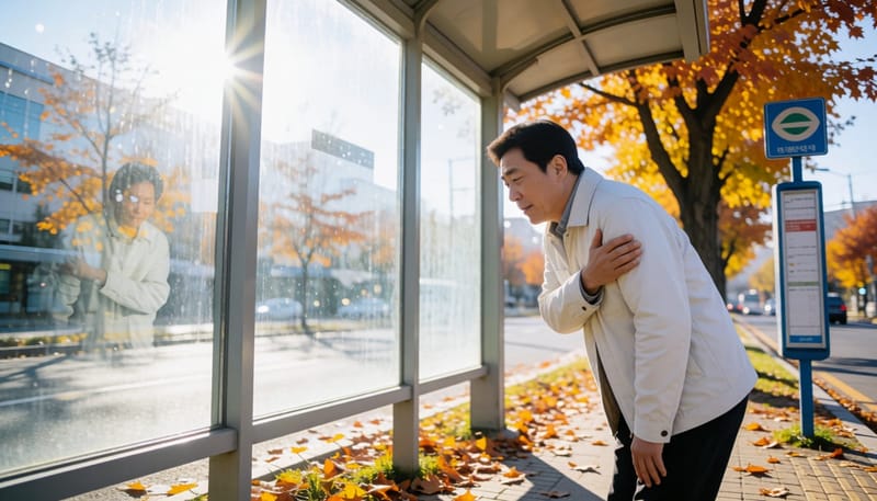 쌀쌀한 아침 버스정류장에서 어깨를 문지르는 남성