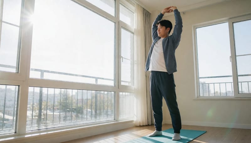 실내에서 어깨 스트레칭을 하는 남성