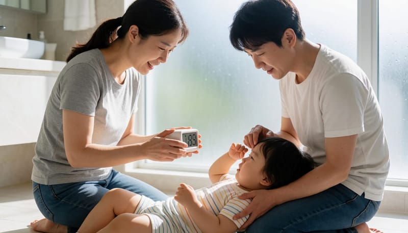 시계를 확인하며 아이의 상태를 살피는 엄마