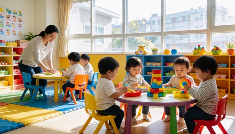 장난감과 간식을 함께 나누는 어린이집 아이들