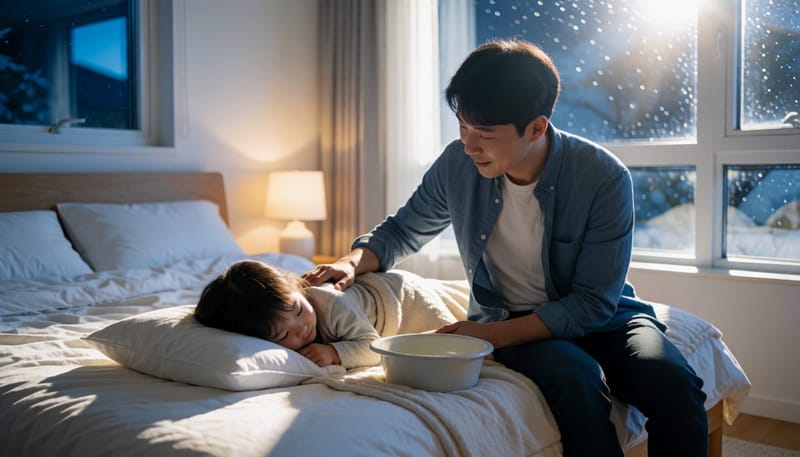 밤에 설사하는 아이를 돌보는 아빠