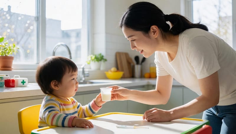수분 보충 음료를 아이에게 건네는 엄마