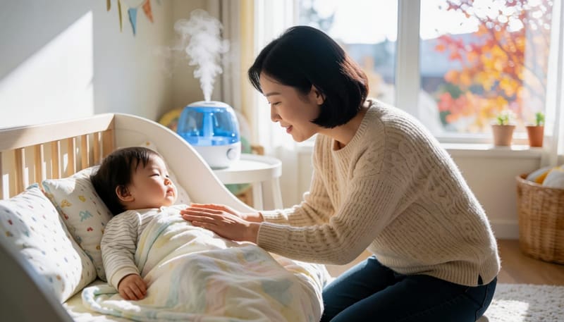 환절기 아기 방에서 엄마가 아기의 호흡을 살피는 모습