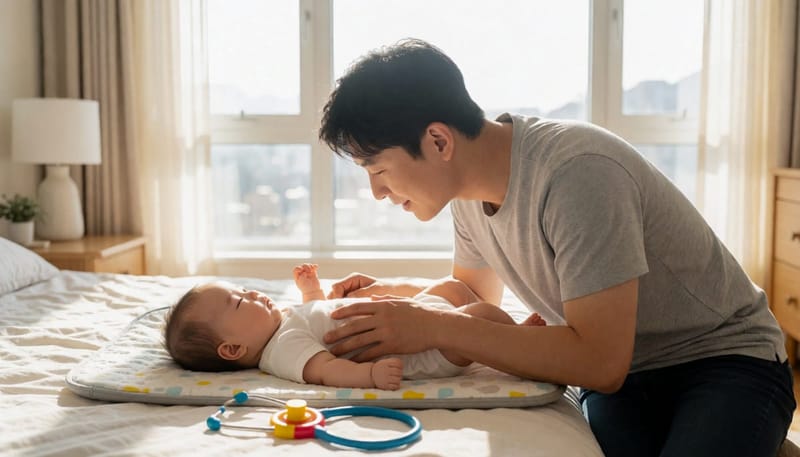 아빠가 아기의 숨소리를 가까이서 확인하는 모습