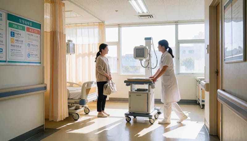 흉부 X-ray 검사와 입원 준비가 이뤄지는 병원 병동 풍경
