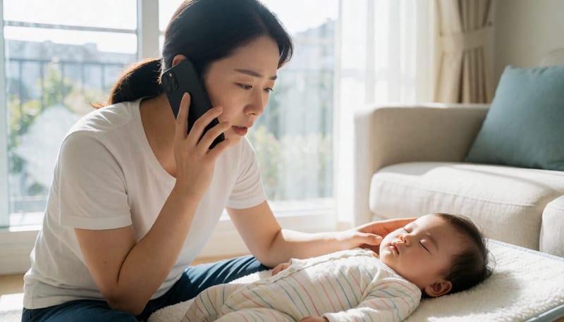 친정엄마의 전화를 받으며 아기를 살피는 엄마