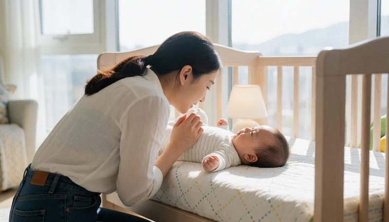 밤에 아기의 숨소리를 확인하는 엄마