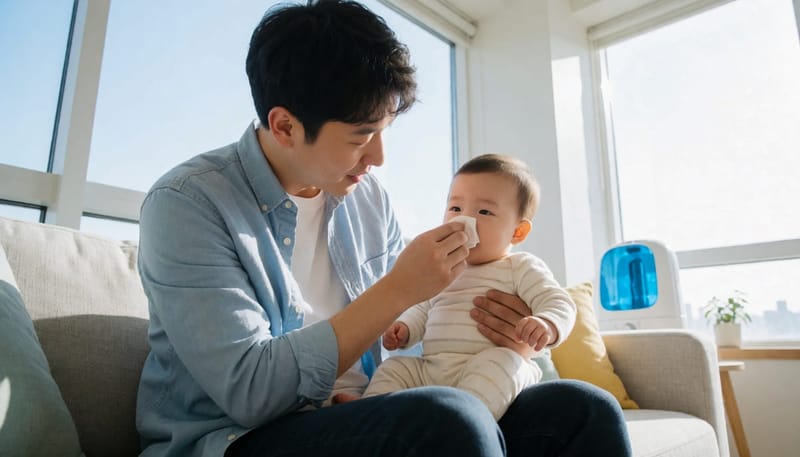 콧물을 닦아주며 아기 상태를 살피는 아빠