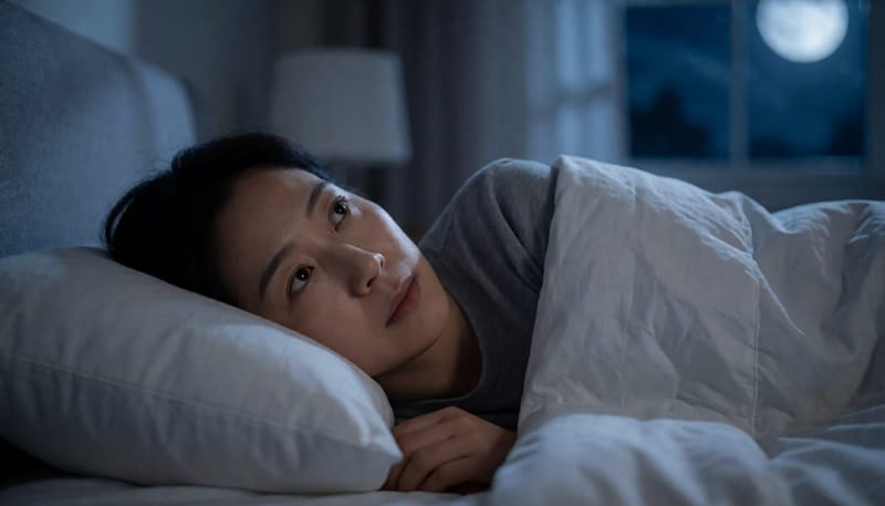밤에 잠들지 못하고 천장을 바라보며 생각에 잠긴 여성