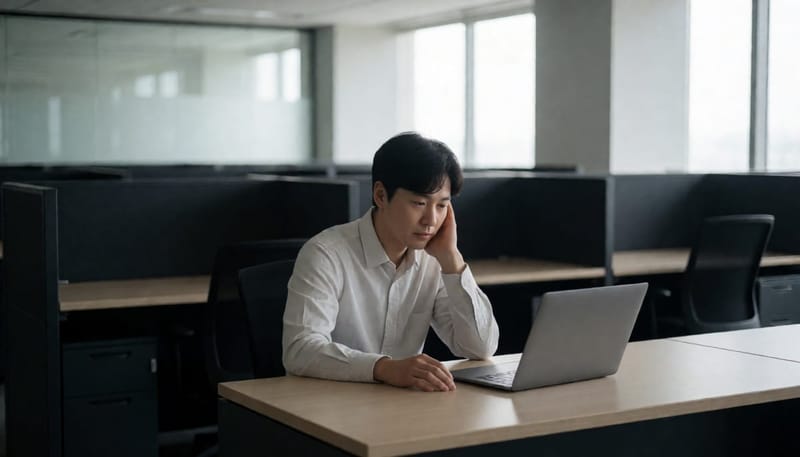 퇴근 후 홀로 사무실에 남아 생각에 잠긴 직장인 남성