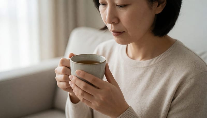 소파에 앉아 생각에 잠긴 표정으로 찻잔을 든 여성