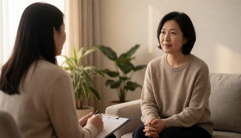 상담실에서 전문가와 대화를 나누는 여성