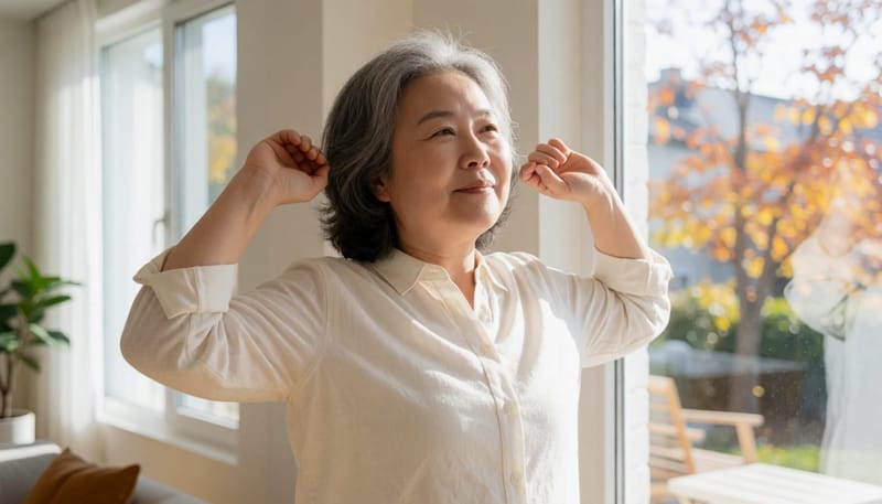 환절기 아침, 가벼운 스트레칭으로 허리 근육을 풀어주는 모습입니다.