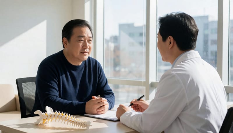 보존적 치료와 시술 중 어떤 방법이 적합한지 상담하는 장면입니다.