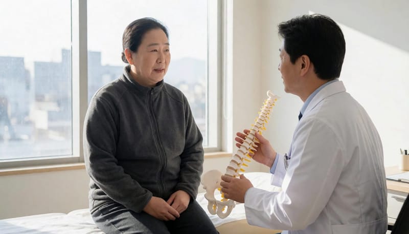 보존적 치료와 주사·시술 중 치료 방향을 상담하는 모습