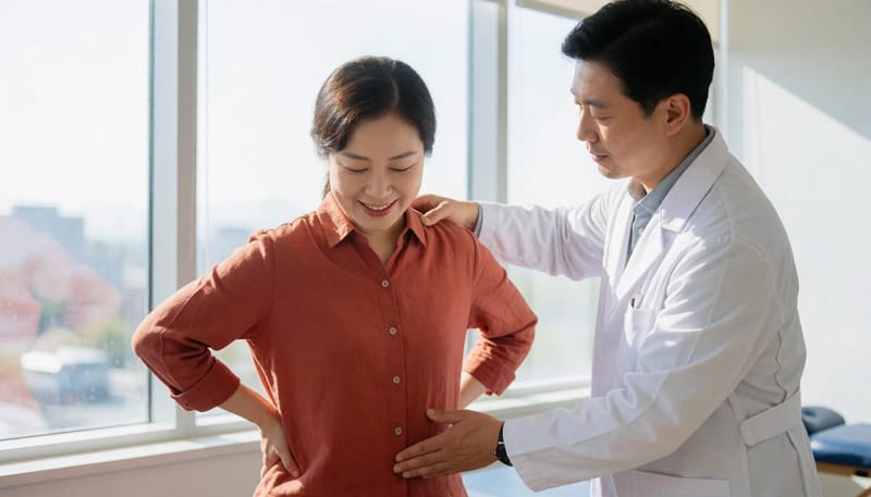 허리 통증 완화를 위한 운동 치료 장면