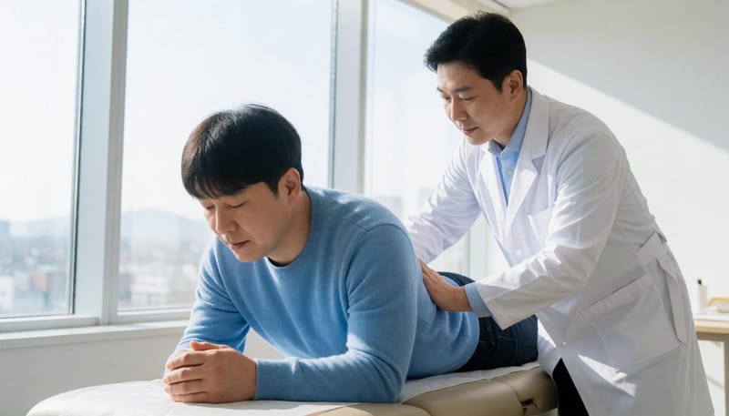 허리통증 원인을 확인하기 위한 신체 검진 장면