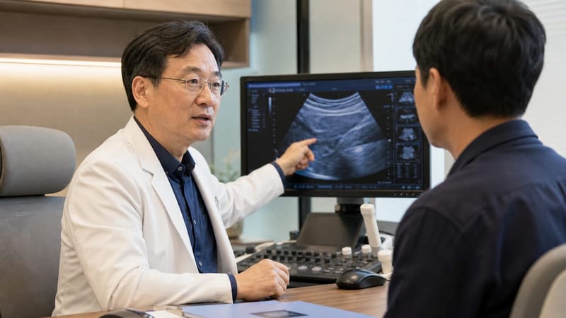 절제 여부를 결정하기 전 초음파로 크기를 측정하는 과정