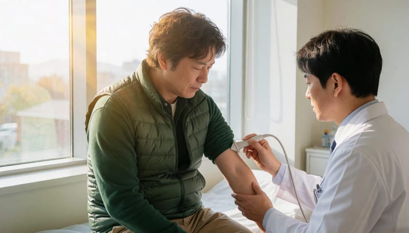 초음파 검사로 피부 아래 혹의 특징을 확인하는 모습