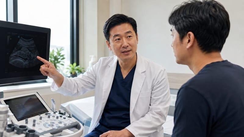 초음파 검사 결과를 확인하며 치료 방향을 상담하는 모습