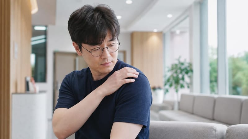 어깨에 생긴 혹의 변화를 살피며 진료를 기다리는 모습