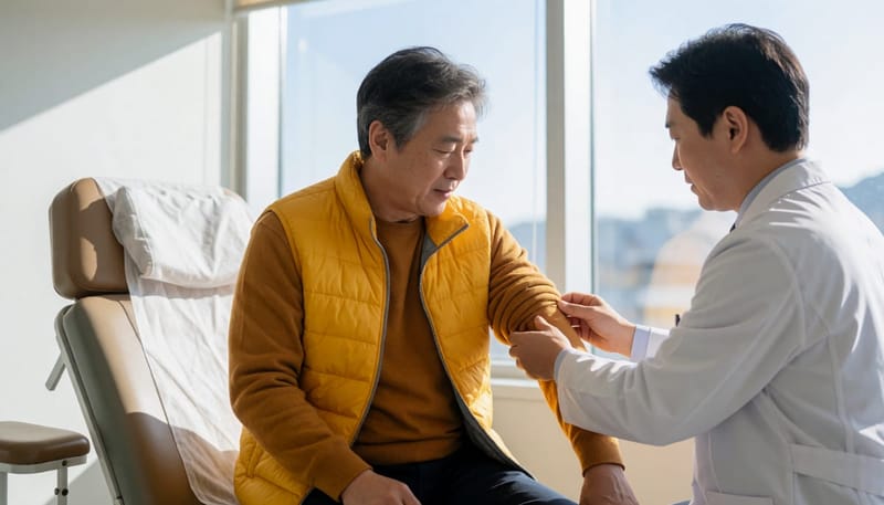 진료 중 의사가 멍울을 눌러보며 크기와 경계를 확인하는 모습