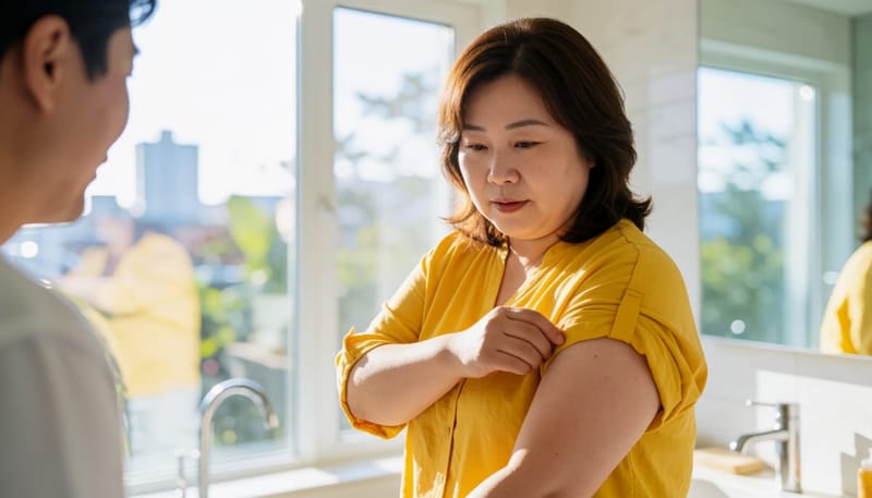 밤에 씻다가 팔 안쪽에서 멍울을 발견하고 만져보는 모습