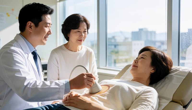 초음파로 지방종의 경계와 내부 구조를 확인하는 모습