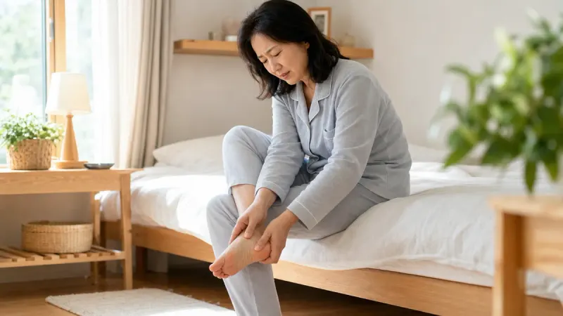 족저근막염의 통증은 아침 침대에서 내려와 딛는 첫 걸음에서 가장 날카롭게 나타납니다.