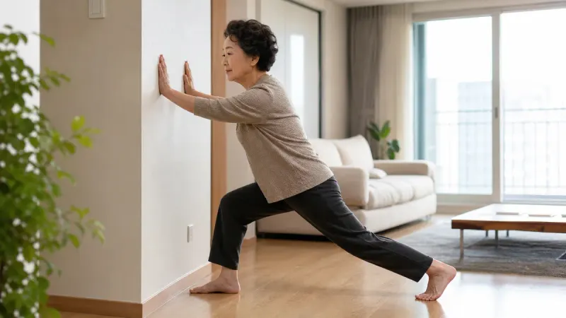 벽을 짚고 뒤꿈치를 바닥에 붙인 채 종아리를 늘리는 스트레칭은 하루 두세 번, 30초씩 반복하면 도움이 됩니다.