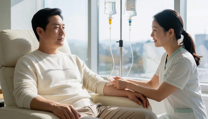 정맥을 통해 성분을 직접 투여하는 면역주사 시행 모습