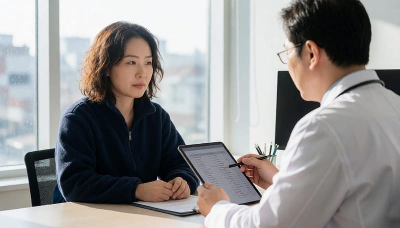 주사 전 복용 중인 약물 이력을 확인하는 상담 장면