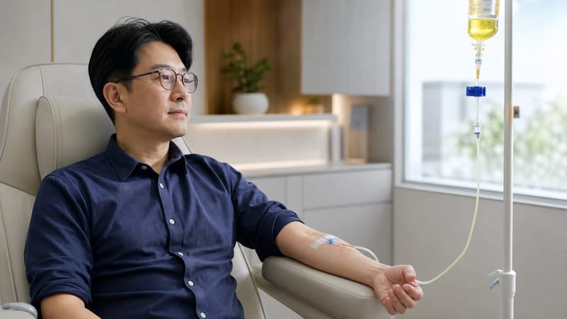 정맥주사로 비타민과 미네랄 성분을 투여하는 모습입니다.
