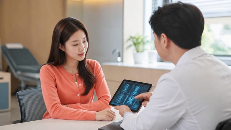 반복 시술 전 혈액검사 결과를 확인하며 상담하는 모습입니다.