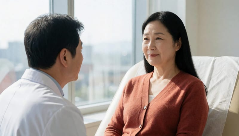 지속되는 피로와 체중 변화로 림프절 상태를 확인받는 모습