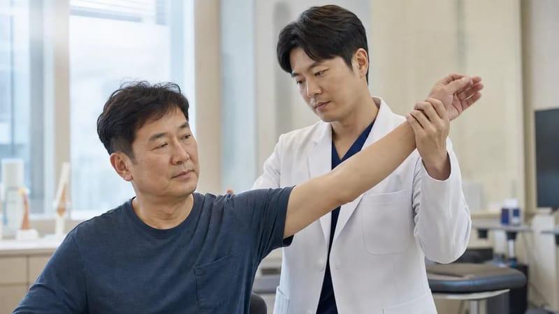 이학적 검사에서는 어깨를 직접 움직여 가동범위를 확인합니다