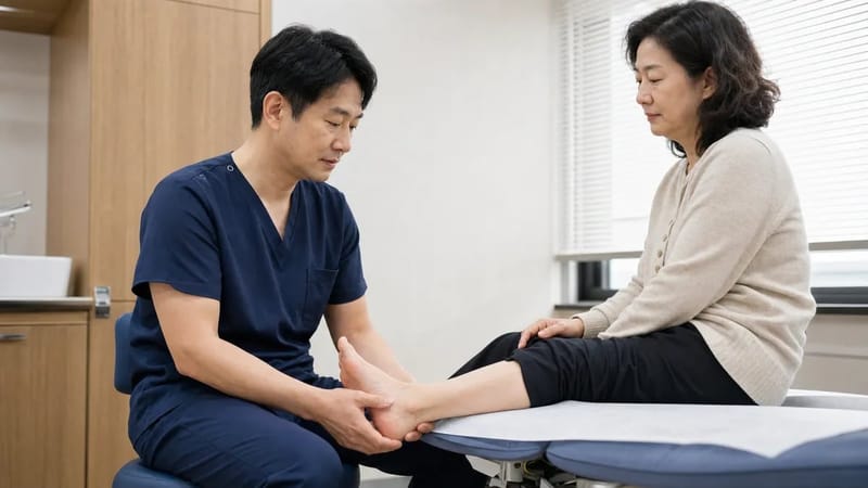 발뒤꿈치와 발목 부위를 촉진하며 통증 양상을 확인하는 진료 장면