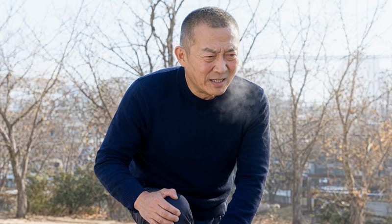 찬 아침 공기 속, 그는 무릎을 짚으며 잠시 걸음을 멈췄다