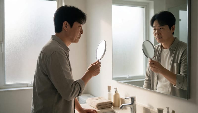 남성이 거울로 등 피부 상태를 스스로 살펴보며 확인하는 일상 모습