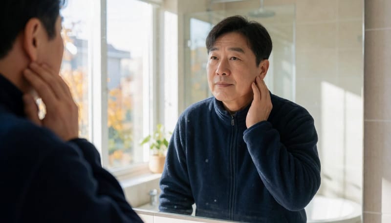 환절기 옷차림으로 바뀌는 시기, 목이나 등 피부를 손으로 만져 몽우리 유무를 확인해보는 모습입니다.