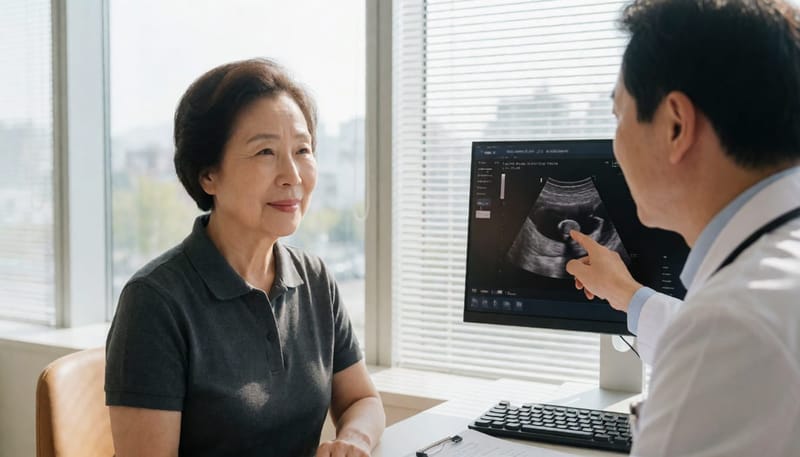 초음파 검사로 낭종의 파열 여부와 주변 조직 변화를 확인하는 진료 장면입니다.