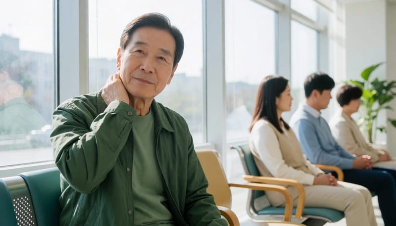 목덜미의 낯선 혹을 확인하는 모습